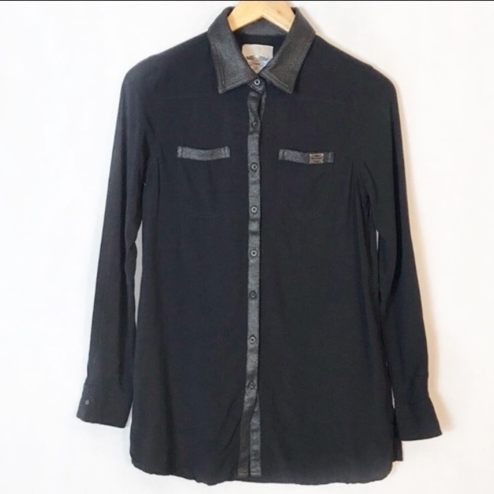 HARLEY-DAVIDSON Faux Leather Trim Button Shirt